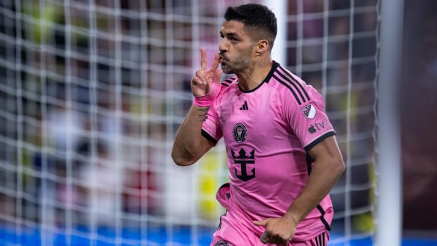 Luis Suarez pictured celebrating after scoring a late equalizing goal for Inter Miami in a 2-2 draw at Nashville in March 2024